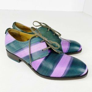 John Fluevog Green and Purple Striped Flats